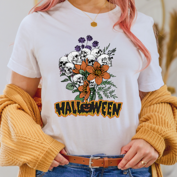 Skull Flower Scary Pumpkin Halloween Lady Shirt