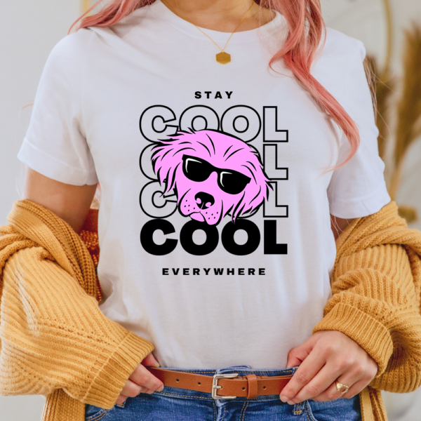 Stay Cool Everywhere Pink Dog Sun Glasses Lady Shirt