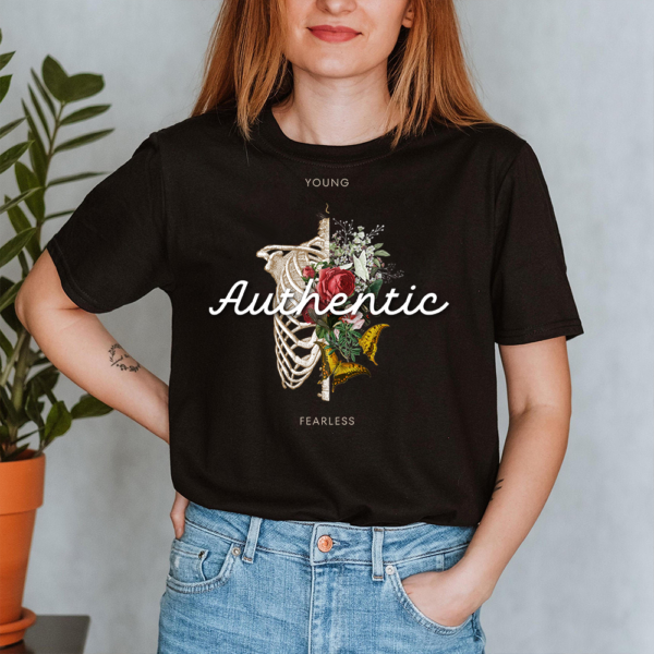 Young Authentic Fearless Gothic Floral Skeleton Rib Butterflies Flowers Halloween Lady Shirt