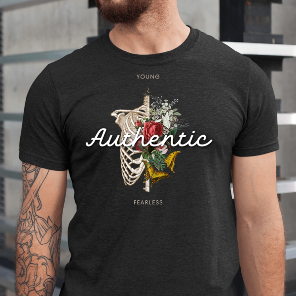 Young Authentic Fearless Gothic Floral Skeleton Rib Butterflies Flowers Halloween Men Shirt