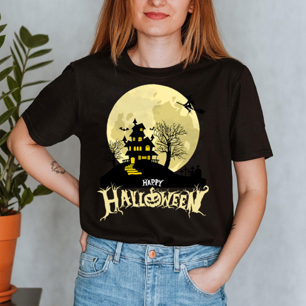 Castle Witch Bat Moon Happy Halloween Lady Shirt