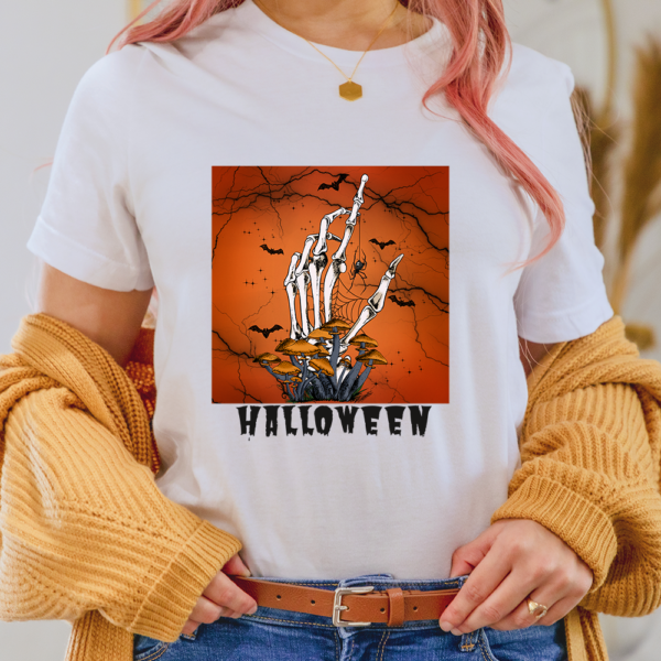 Scary Skeleton Hand Mushrooms Bats Halloween Lady Shirt