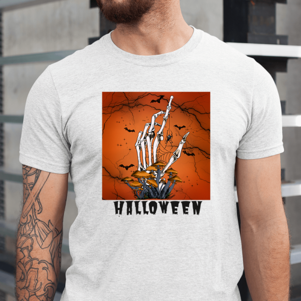 Scary Skeleton Hand Mushrooms Bats Halloween Men Shirt