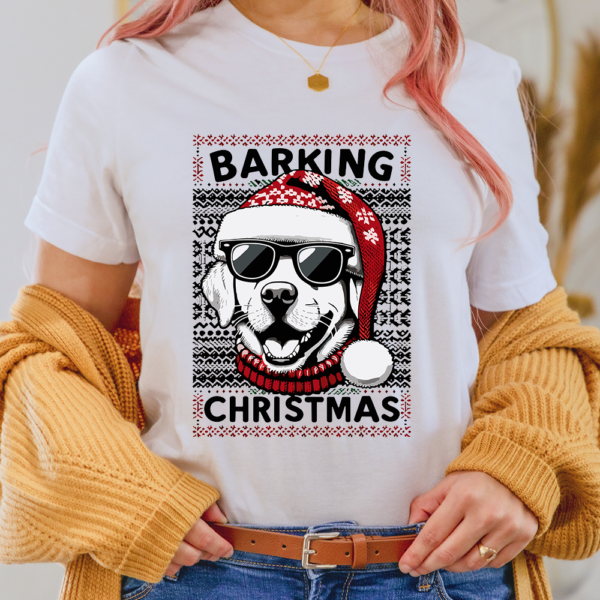 Barking Christmas Dog Wearing Glass Santa Hat Lady Shirt