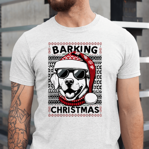 Barking Christmas Dog Wearing Glass Santa Hat Men Shirt