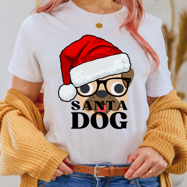 Santa Dog Face Christmas Hat Glasses Lady Shirt